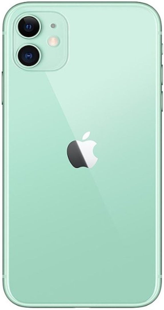 Vibrant green iPhone 11, 128GB storage. Back profile showing dual camera setup.