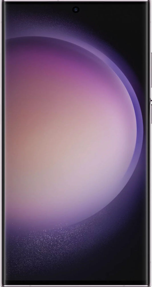 image of the Samsung Galaxy S23 Ultra in deep Lavender colour as viewed from the front.