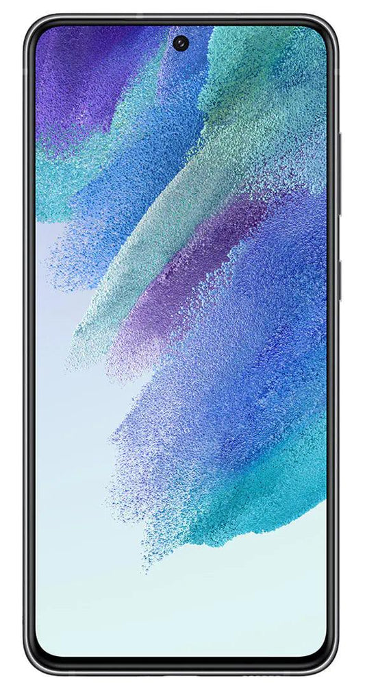 Front view of the Samsung Galaxy S21 FE in Graphite, featuring its elegant design and display, with 128GB storage.