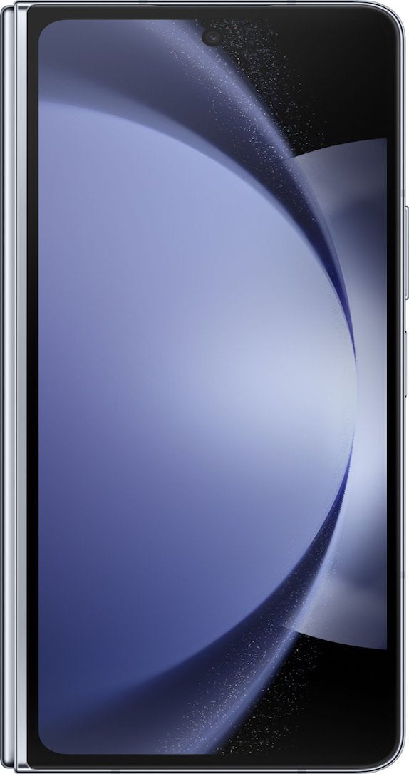 Front view of the folded Samsung Galaxy Z Fold5 256GB in Icy Blue color. The edge of the front cover display is visible. The spine, hinge and back panel are shown in an attractive blue color gradient.