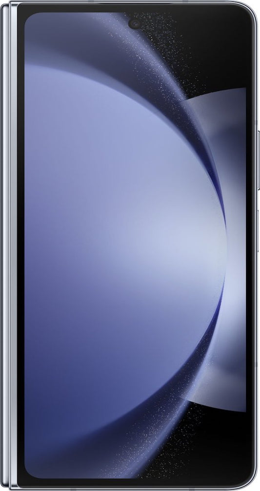Front view of the folded Samsung Galaxy Z Fold5 256GB in Icy Blue color. The edge of the front cover display is visible. The spine, hinge and back panel are shown in an attractive blue color gradient.