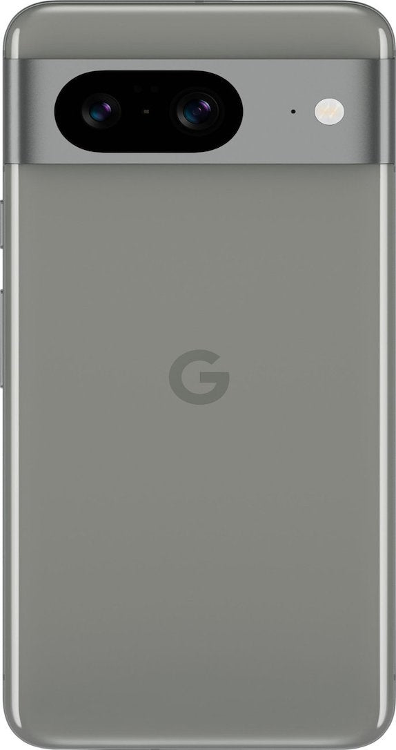 The Pixel 8's smooth matte hazel green battery cover features a prominent horizontal rectangular rear camera housing with three separate lenses in a black border. Centered below is the G icon on the fingerprint reader.