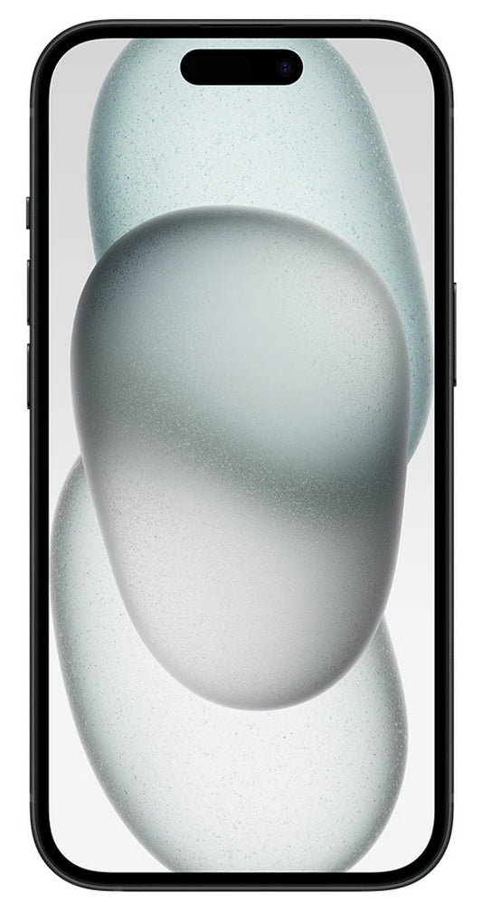 Image of the iPhone 15 Plus Black with 128GB of storage as viewed from the front.