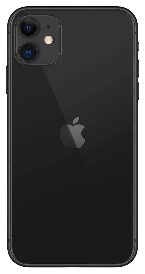 iPhone 11's rear in classic black, housing dual cameras and Apple logo, a symbol of innovation and style