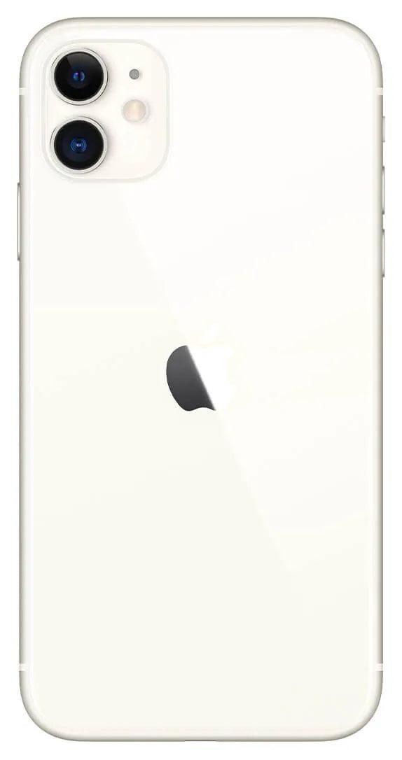 Back view: iPhone 11 128GB in elegant white, showcasing dual cameras and timeless design for all-around excellence.