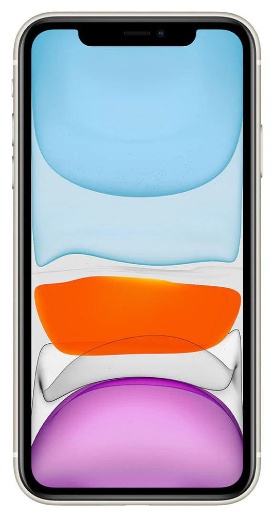 Front view of the refurbished iPhone 11 (64GB, White), showcasing its sleek design and vibrant display.
