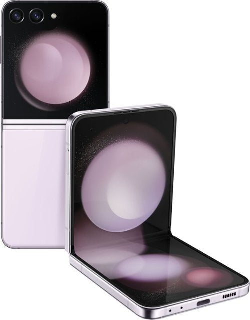 Elegant sophistication meets cutting-edge technology in the Samsung Galaxy Z Flip5 (256GB Lavender), as seen from its sleek, folded side view.