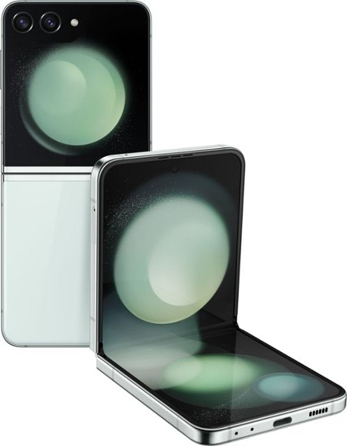 Samsung Galaxy Z Flip5 (256GB Mint) folded side view showcasing its sleek, compact design and mint green color.