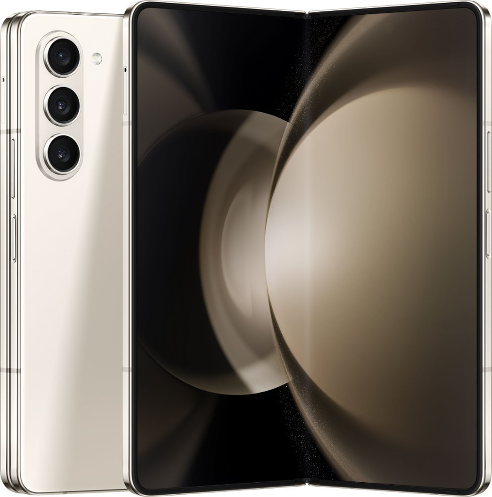 Side view of the Samsung Galaxy Z Fold5 256GB in a Cream colour showing the phone folded in half. The edge of the front cover screen and back glass panel are visible with the spine and hinge in between.