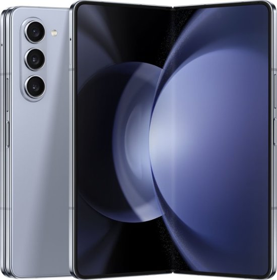 Side view of the Samsung Galaxy Z Fold5 256GB in Phantom Black color showing the phone folded in half. The edge of the front cover screen and back glass panel are visible with the spine and hinge in between.