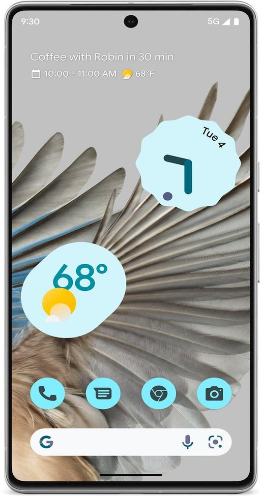 The Pixel 7a Sea's 6.1" edge-to-edge OLED display has thin bezels and a centered hole-punch front camera. The power button and volume rocker are on the right side of the phone with a sea-coloured finish matching the back.