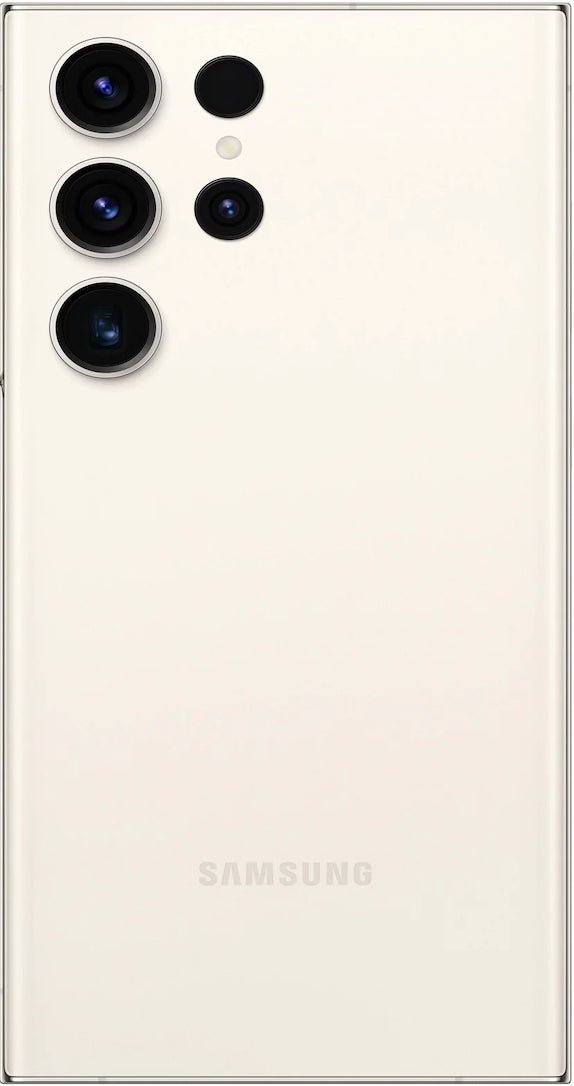 Rear view of the Samsung Galaxy S23 Ultra with the multi-camera setup and the silky Cream-coloured finish.