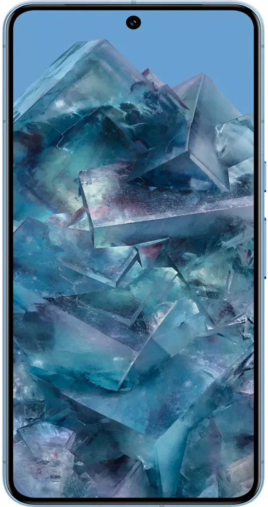 Google Pixel 8 Pro light blue smartphone shown from the front displaying the edge-to-edge 6.7-inch 120Hz OLED screen protected by Gorilla Glass Victus and small front camera hole punch centered at the top.