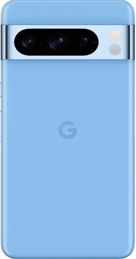 Back view of the light blue Google Pixel 8 Pro showcasing the large triple camera module in the top left corner housing 50MP main, 48MP telephoto and 12MP ultrawide lenses with LED flash below. The back is made of glass with a matte frosted finish.