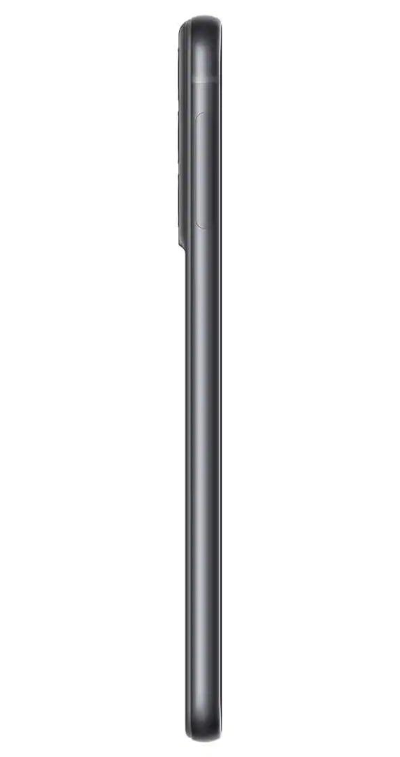 Side view of the Samsung Galaxy S21 FE in elegant Graphite with 128GB storage, showcasing its slim and stylish profile.