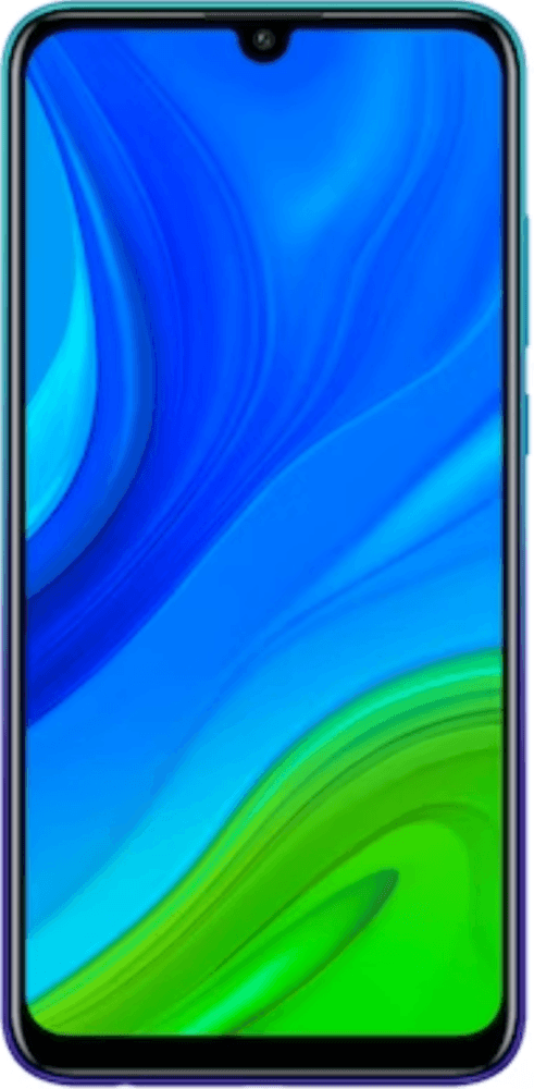 Front view of the Huawei P smart 2020 phone in Aurora Blue color. It has a 6.21" LCD screen with a small notch at the top and thin bezels all around. The Huawei logo is visible below the display.