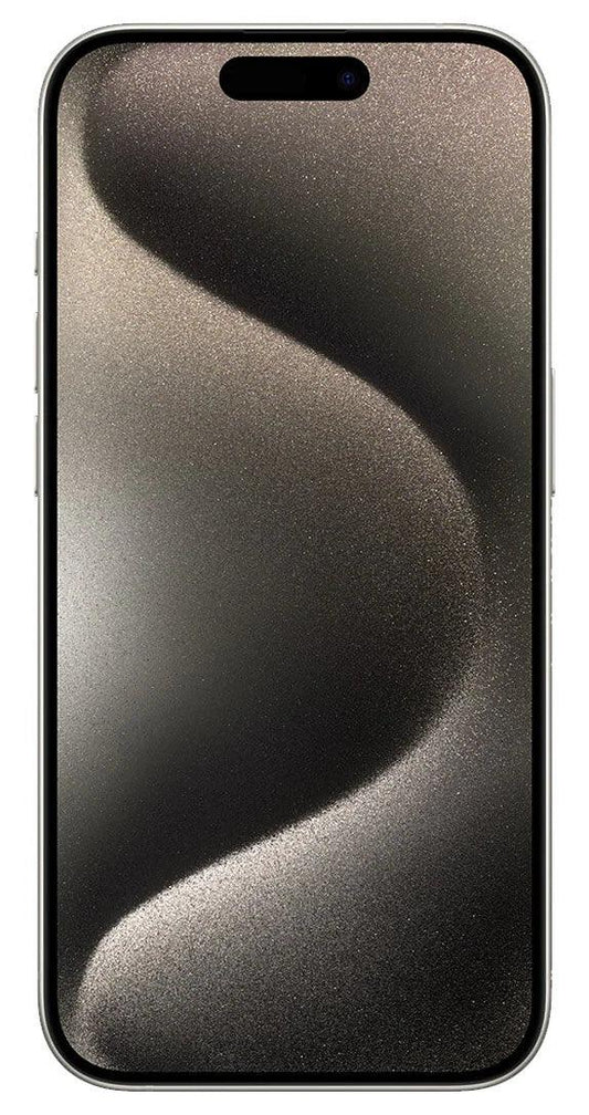 Front view of the iPhone 15 Pro Max in Natural Titanium with 512GB storage, highlighting its elegant design and display