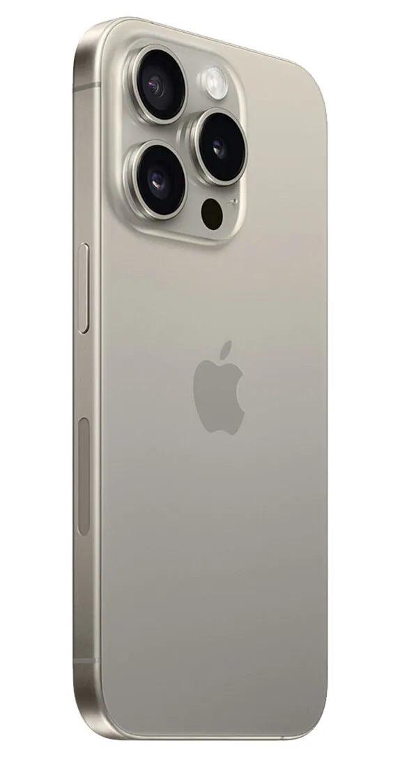 Side view of the iPhone 15 Pro Max in Natural Titanium with 512GB storage, highlighting its premium and sleek profile.