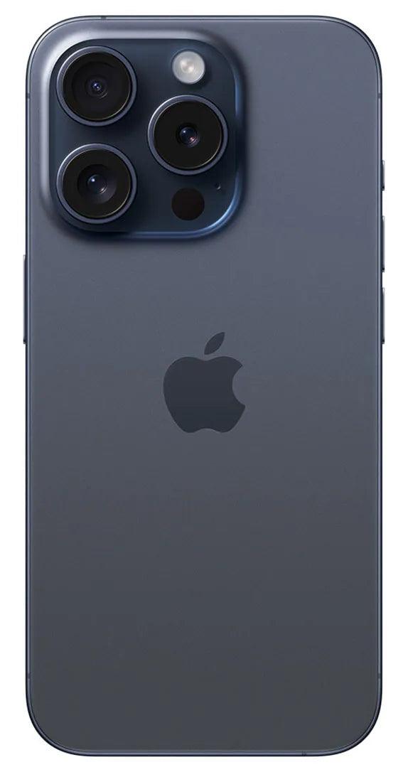 iPhone 15 Pro Max in Blue Titanium, showcasing its sleek, premium design and advanced camera setup from the rear.