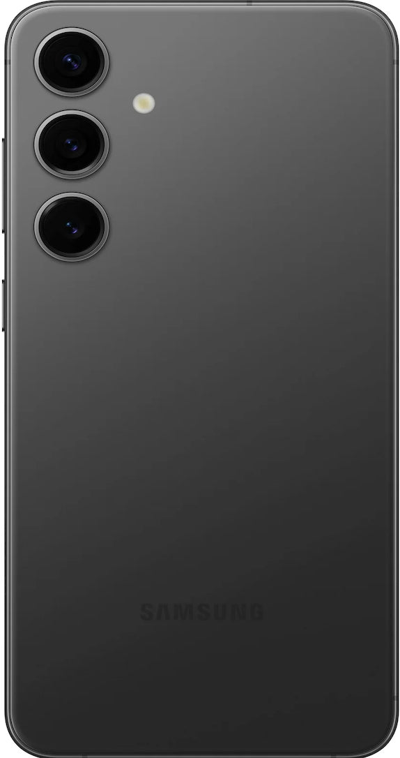 Sleek Onyx Black Galaxy S24: Triple-lens camera system & minimalist logo on a polished glass back.
