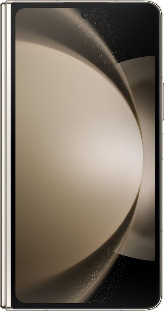 Front view of the folded Samsung Galaxy Z Fold5 256GB in Cream colour. The edge of the front cover display is visible. The spine, hinge and back panel are shown in an attractive cream colour gradient.