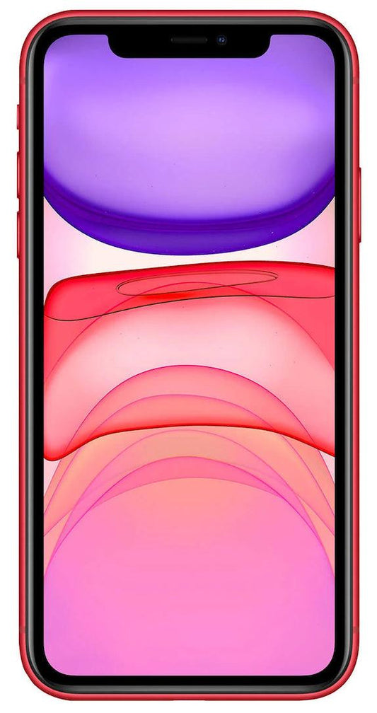 A (Product)Red iPhone 11 with a black notch at the top for the front-facing camera and speaker