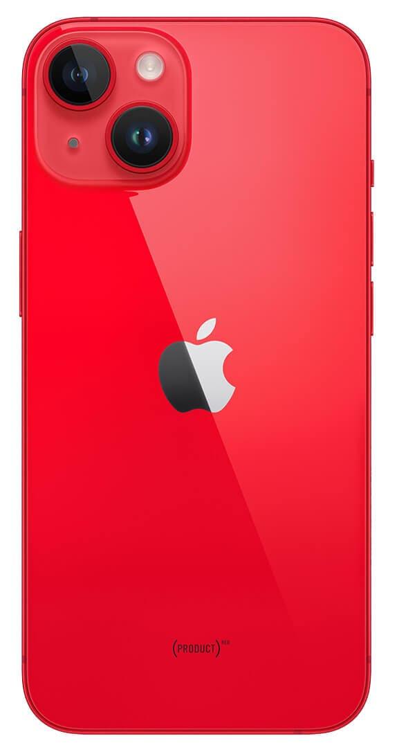 Rear view of the striking iPhone 14 in Product(RED) with 256GB storage, highlighting its sleek design and camera setup.