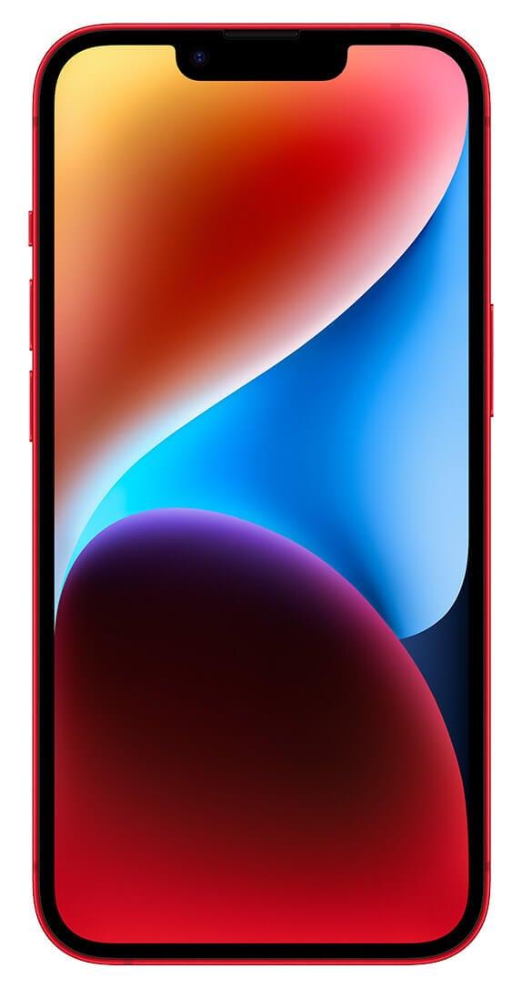 Front view of the vibrant iPhone 14 in Product(RED) with 256GB storage, showcasing its elegant design and display.