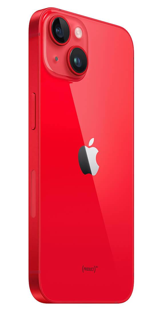 Side view of the iPhone 14 in striking Product(RED) color with 256GB storage, highlighting its slim and stylish profile.