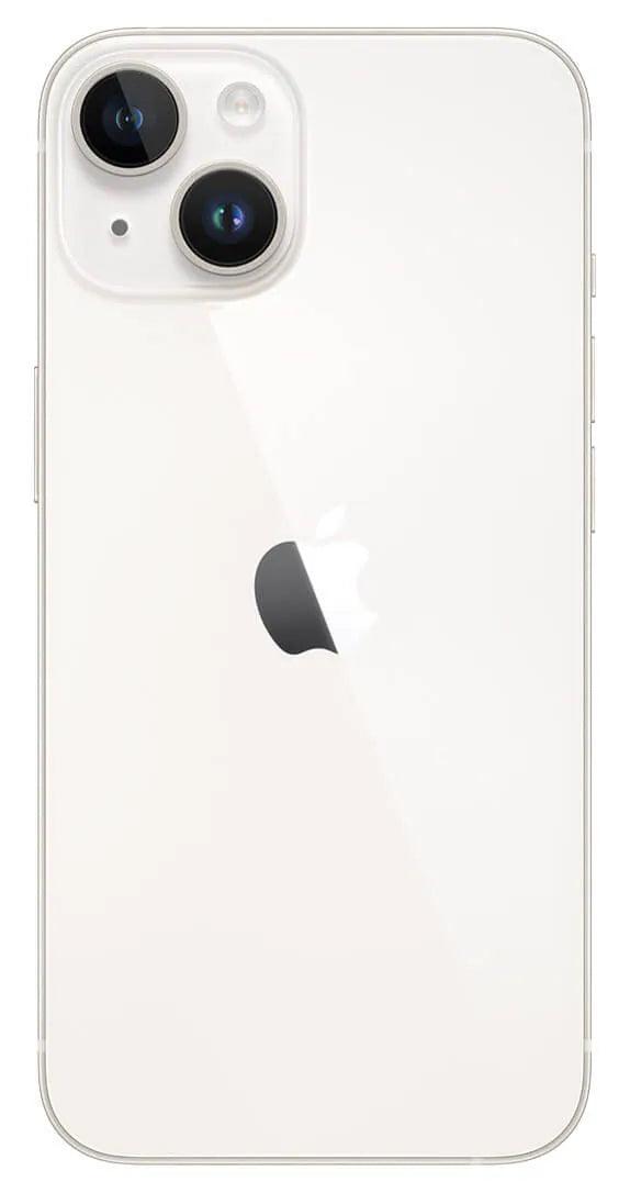 Front and back view of the iPhone 14 in elegant White with 256GB storage, showcasing its sleek design and advanced features.