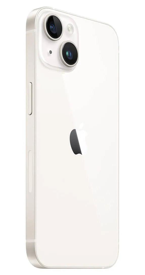 Side view of the iPhone 14 in elegant White with 256GB storage, showcasing its modern design and sleek profile.