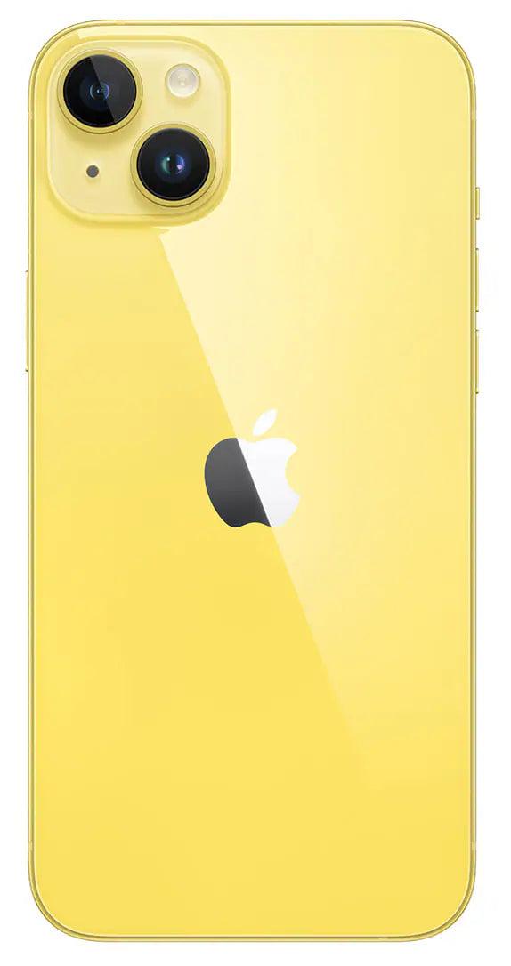 Rear view of iPhone 14 in stunning yellow with 256GB storage, showcasing its sleek design and advanced camera setup.