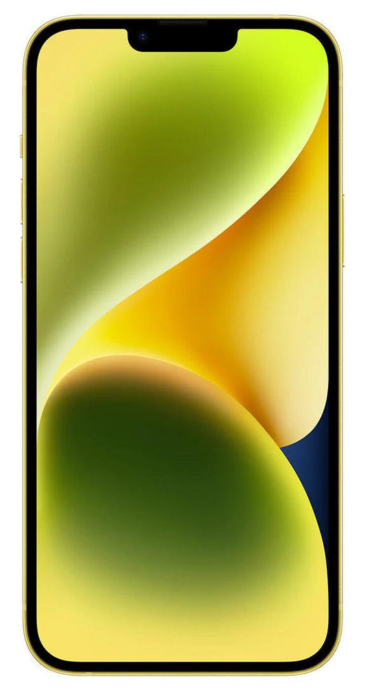Front view of the vibrant iPhone 14 Pro in Yellow, showcasing its sleek design and stunning display.