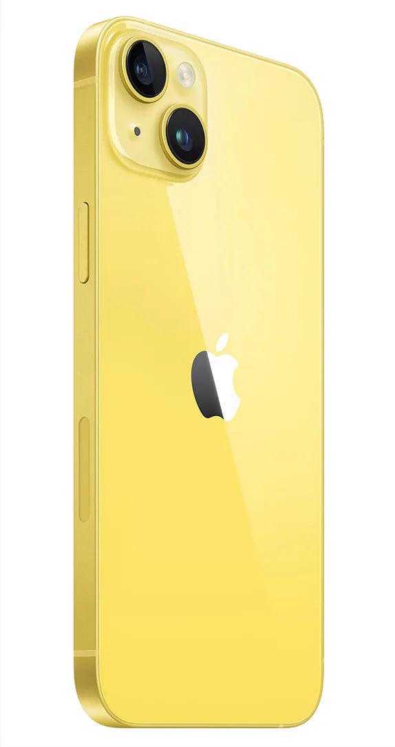Side view of iPhone 14 in stunning yellow with 256GB storage, showcasing its sleek design and advanced camera setup.