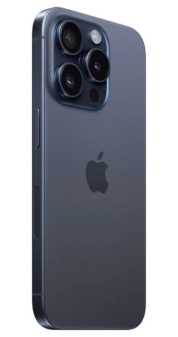 Side view of the iPhone 15 Pro Max in Blue Titanium, highlighting its sleek and premium design.