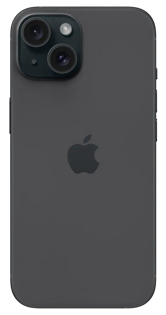 Image of the iPhone 15 Plus from the back presenting its Black finish and the 12MP camera system. 