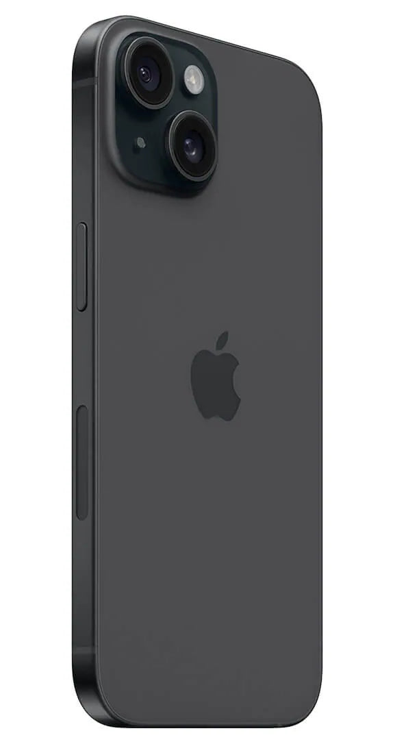 Side profile of the iPhone 15 Plus in Black with the action button and camera system visible.