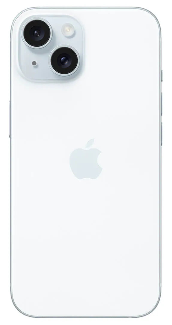 Image of the iPhone 15 Plus in Blue as viewed from the back with the camera system visible