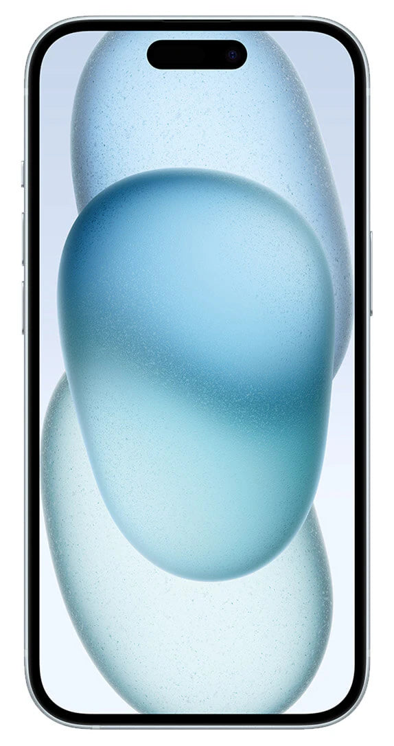 Image of the iPhone 15 Plus Blue as viewed from the front with the Dynamic Island visible.