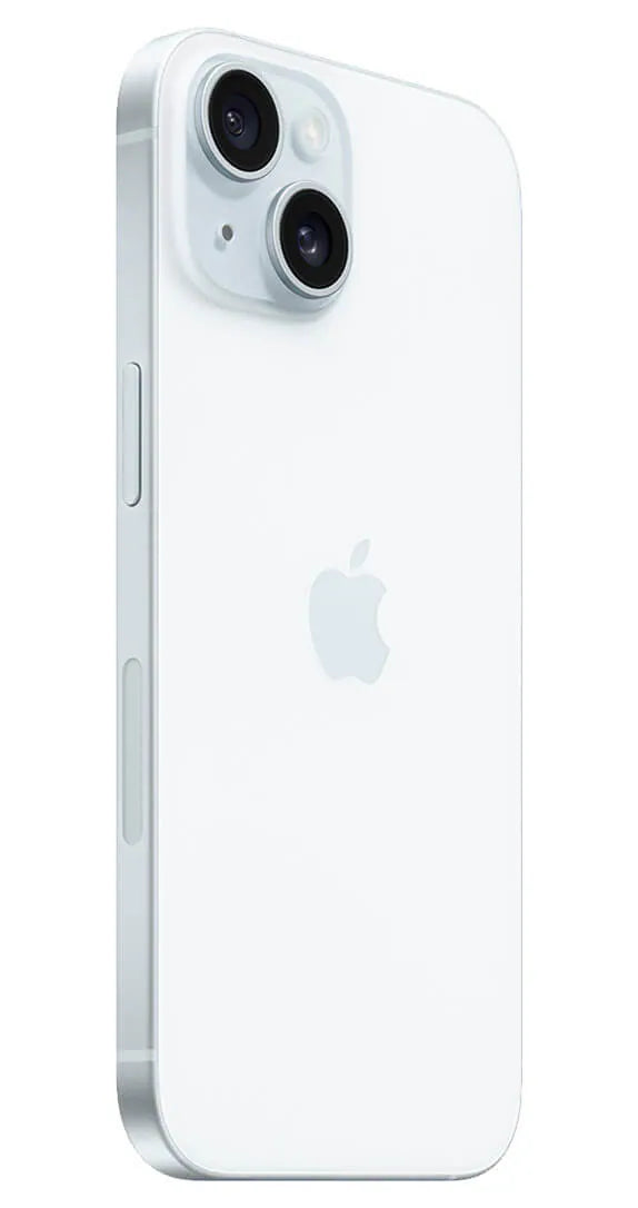 Side profile of the iPhone 15 Plus in Blue with the action button viewable.