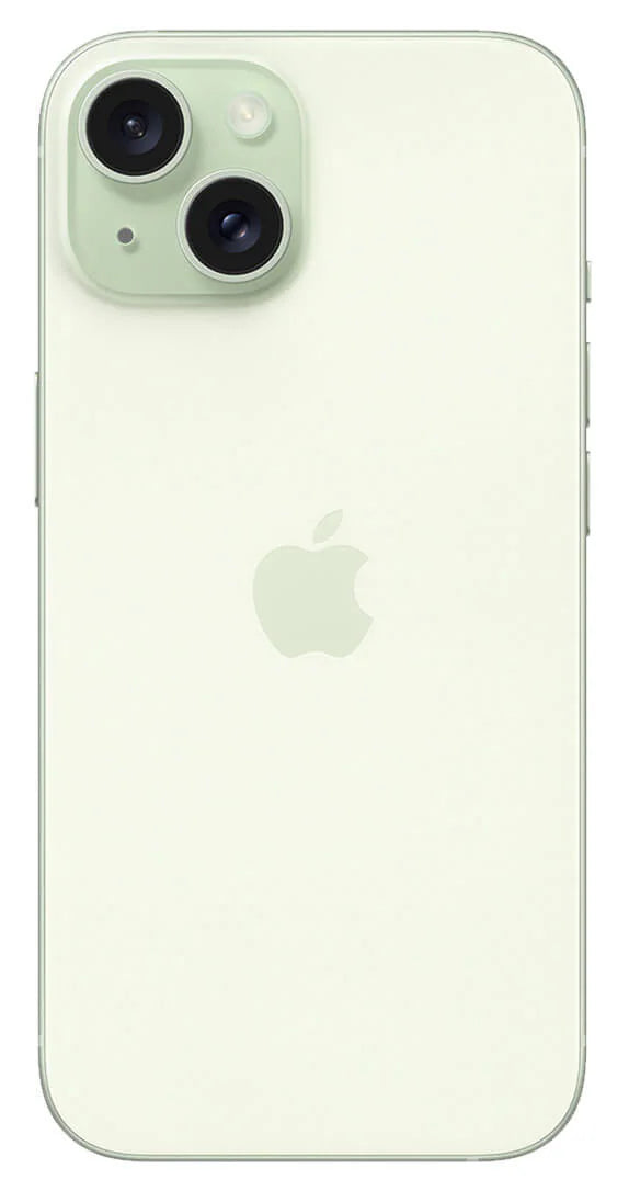 A picture of the iPhone 15 Plus in Green as viewed from the back with its camera system in full view.