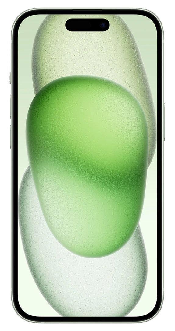 Front view of the iPhone 15 Plus in vibrant Green, showcasing its modern design and immersive display.