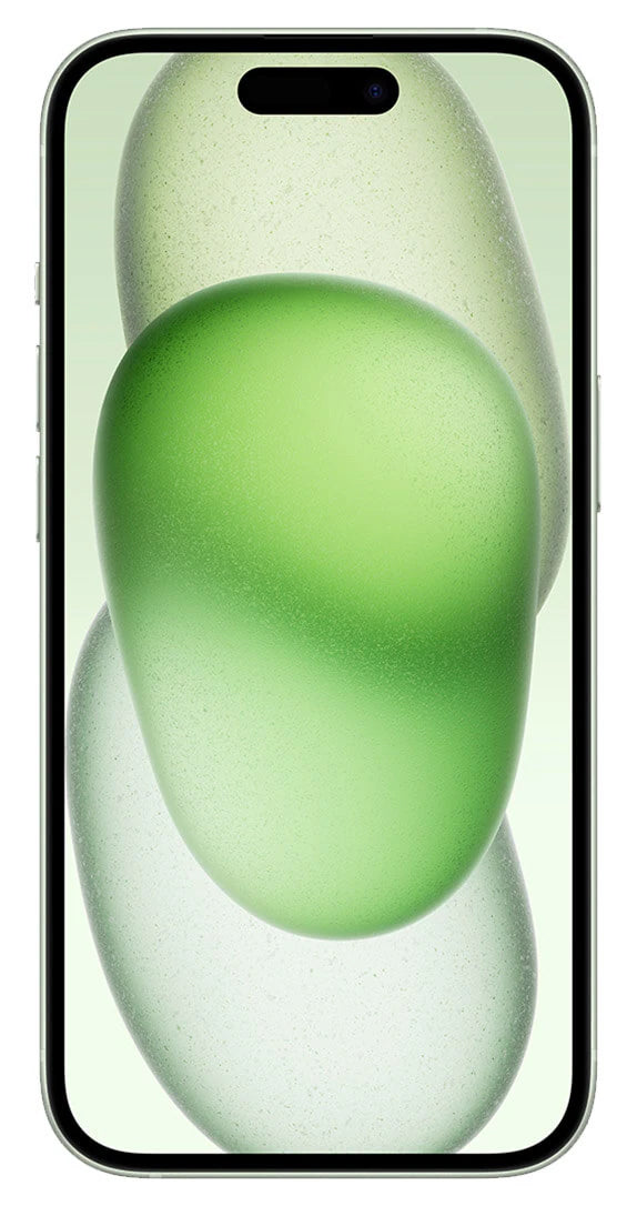 Image of the iPhone 15 Plus Green with 128GB of space as viewed from the front.