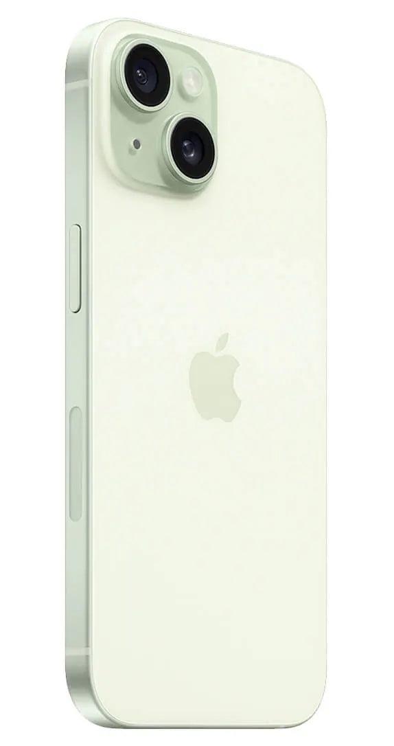 Side view of the iPhone 15 Plus in striking Green, revealing its sleek and modern design.