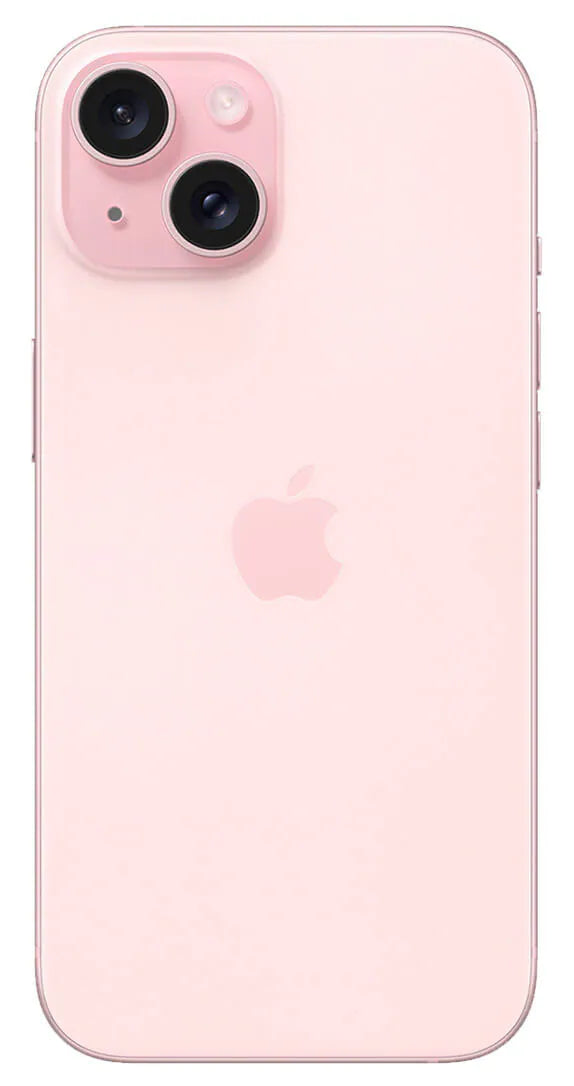 Back-facing image of the iPhone 15 Plus in Pink with the camera system visible.