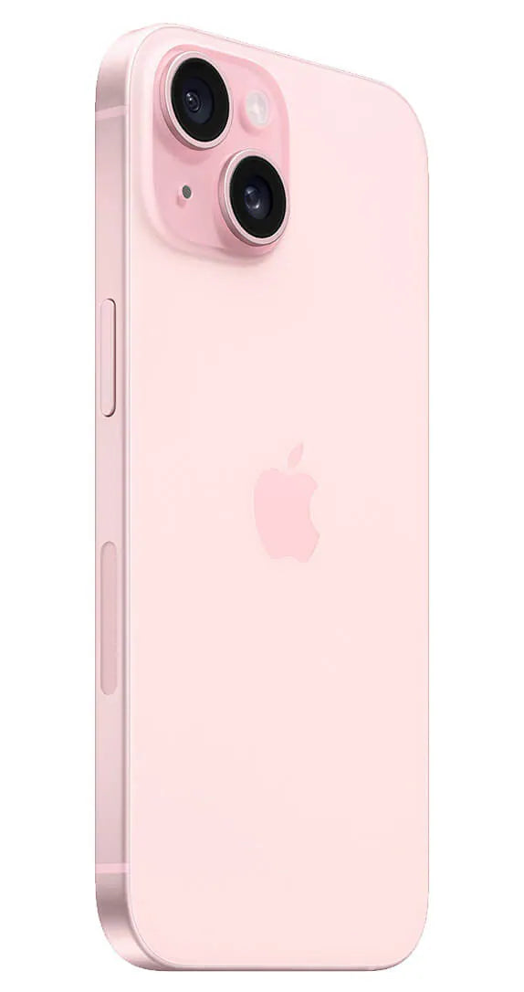 Side view of the iPhone 15 Plus Pink with camera system and action button visible.