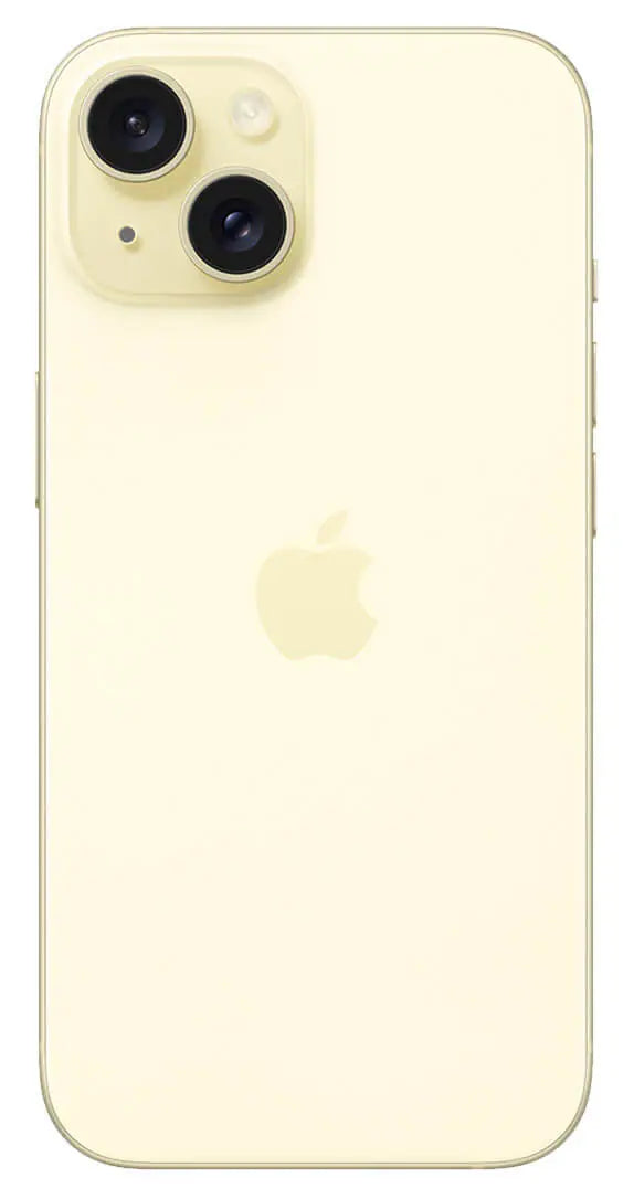 Image of the back of the iPhone 15 Plus in bright Yellow with the camera system featured.