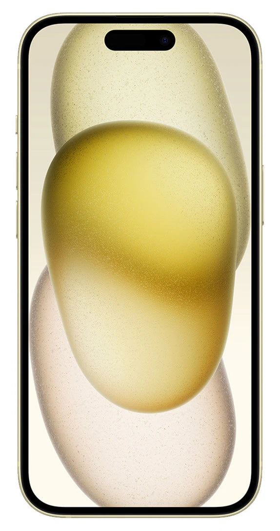 Front view of the iPhone 15 Plus in Yellow with the Dynamic Island visible. 