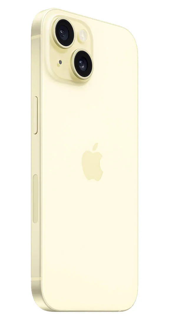 Side profile of the iPhone 15 Plus in Yellow with camera system and Action Button viewable.