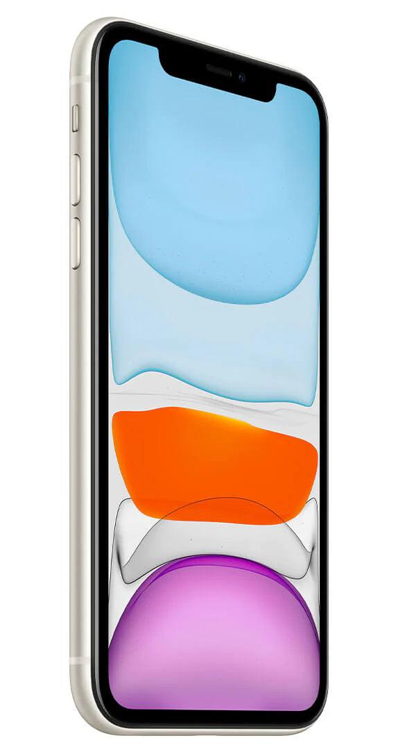 Side view: iPhone 11 128GB in crisp white, highlighting its slim profile and modern, ergonomic design.